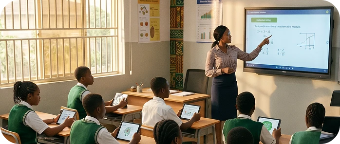 Teacher with smart board in a digital classroom in Nigeria